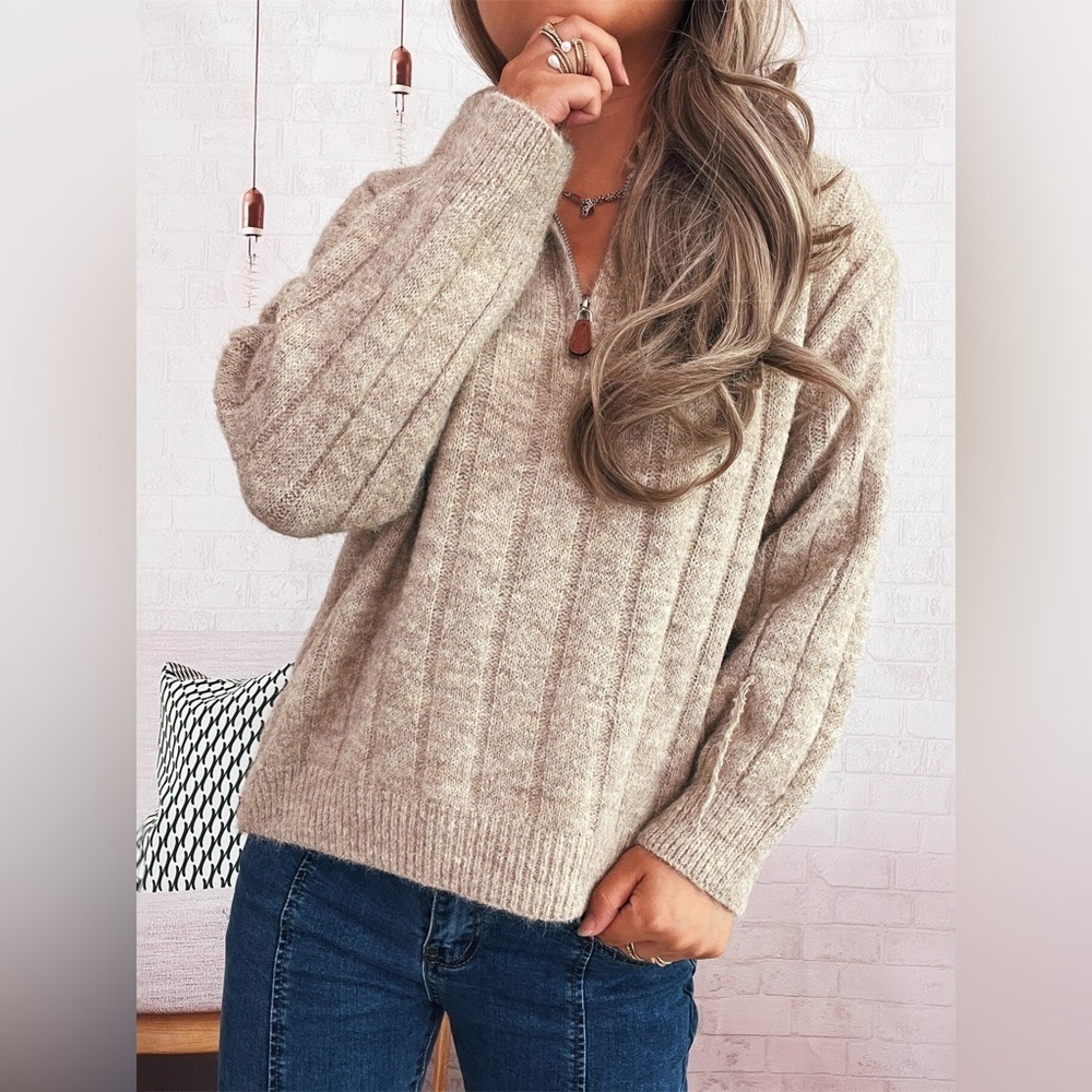 Ribbed Hem Quarter Zip Sweater - Picture 2 of 14